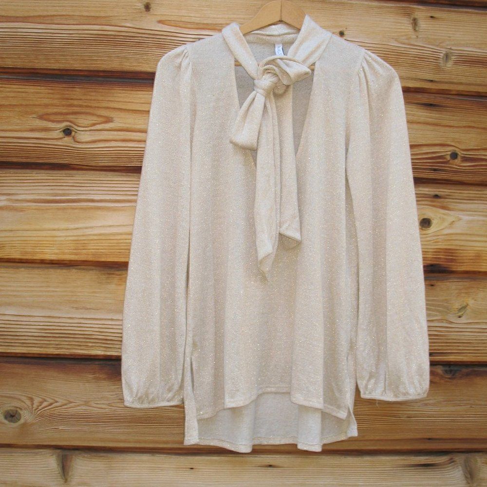 Revolve X Rachel Pally Gold Lurex Scarf Tie Neck Sweater